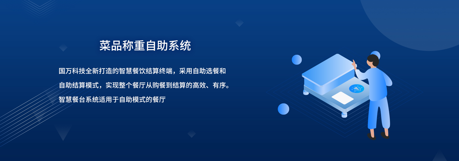 國(guó)萬(wàn)智慧食堂自助餐智能菜品稱(chēng)重系統(tǒng)來(lái)襲啦，就餐人員關(guān)注公眾號(hào)后進(jìn)行自助充值，取餐盤(pán)進(jìn)行信息綁定；取餐時(shí)自行夾菜，菜品稱(chēng)重機(jī)無(wú)感自動(dòng)稱(chēng)重，系統(tǒng)自動(dòng)結(jié)算。